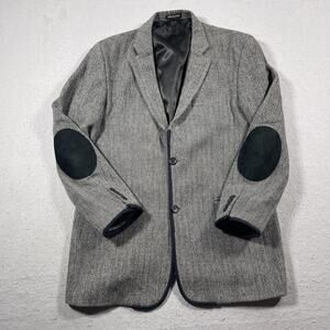 Harris Tweed Blazer Mens 42L Herringbone Elbow Patch‎ Wool Jacket Academia